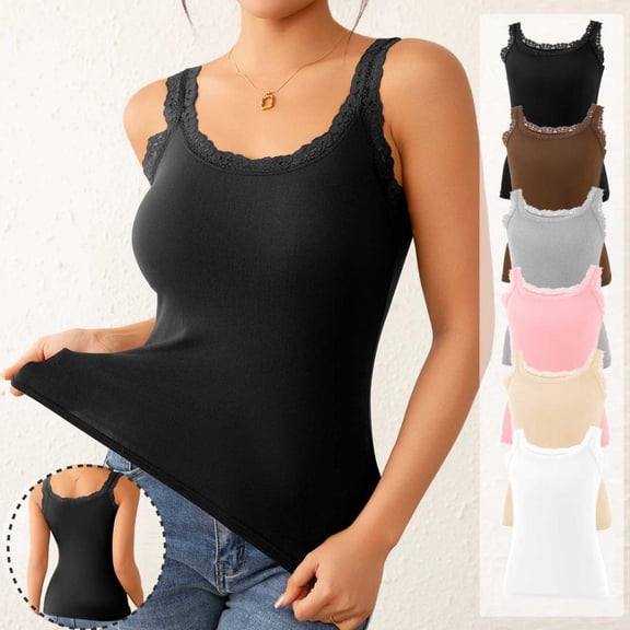 Bxsruta Women's Lace Trim Crew Neck Sleeveless Camisole Tank Top Soft Stretchy Nylon Elastane Layering Top