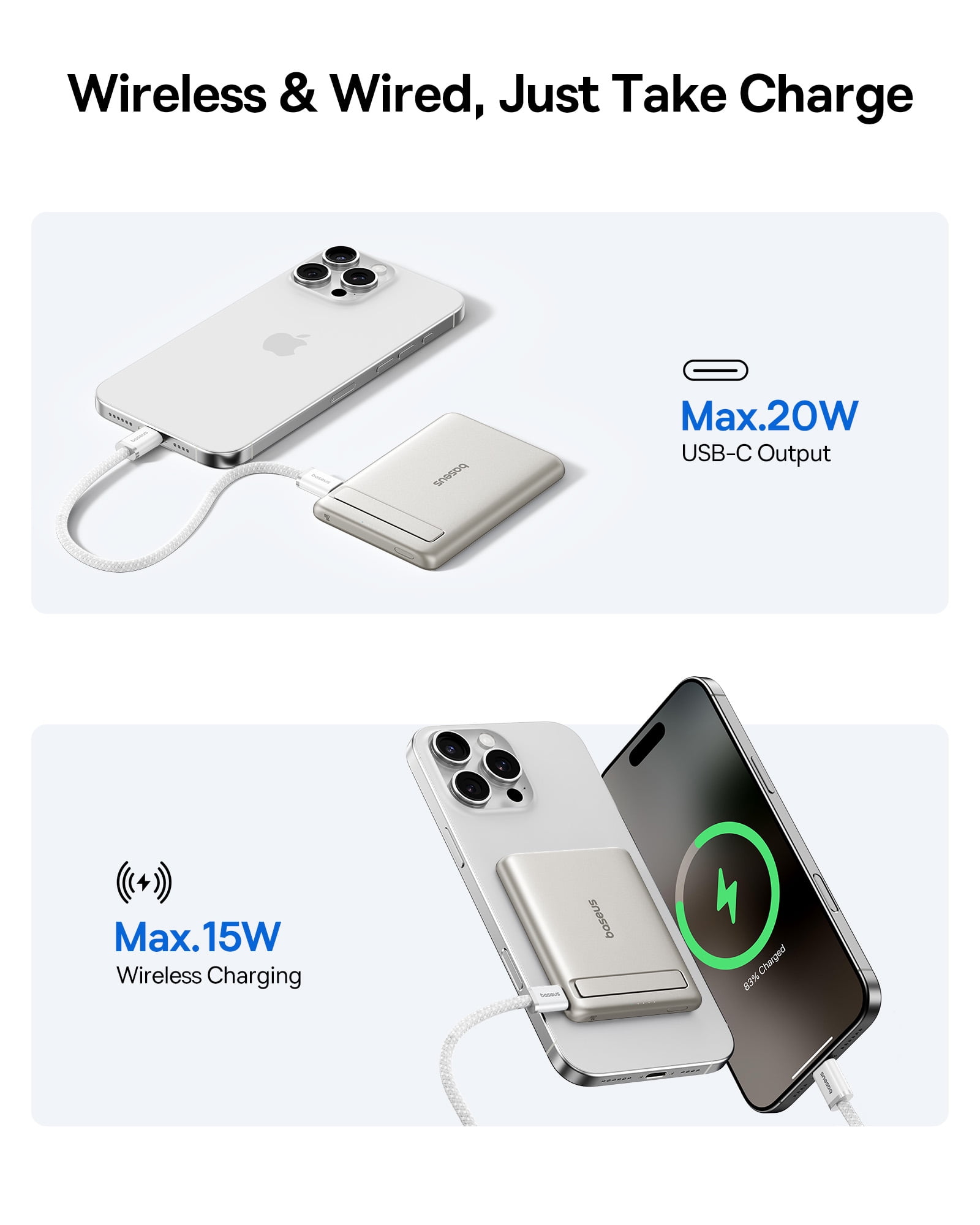 Baseus PicoGo Ultra-Slim Magnetic Power Bank 5000mAh 15W , Portable MagSafe Battery Pack with Foldable Stand, Qi2 Certified 15W Wireless Fast Charger for iPhone 17/16/15/14/13 Series