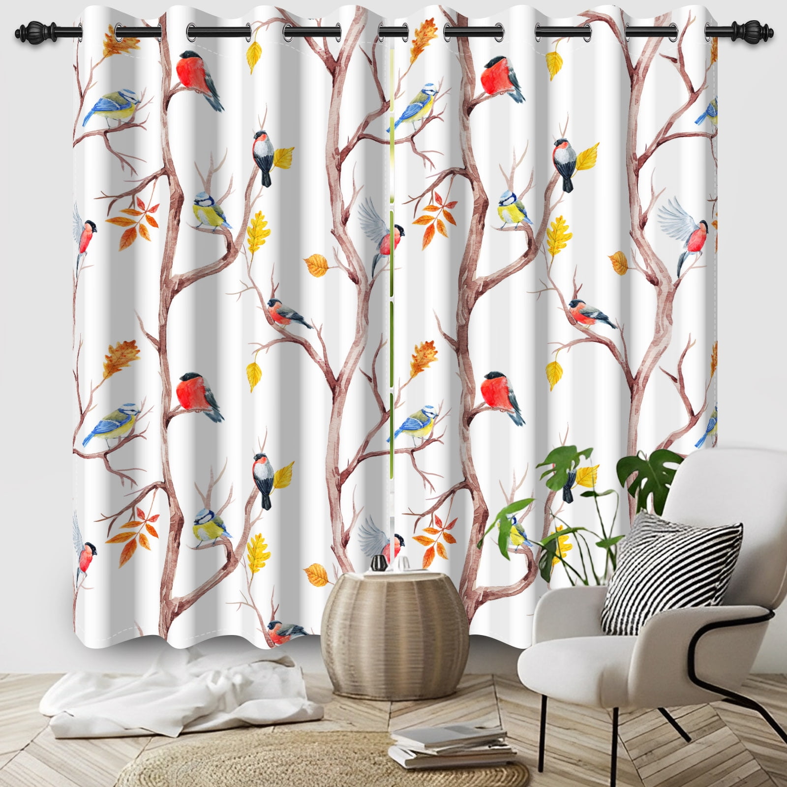 SUNOLIFE White Blackout Curtains 2 Panels 63 Inch Birds Darkening Window Curtains for Living Room Bedroom