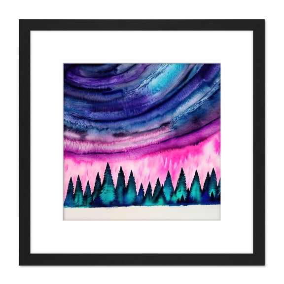 Bold Bright Northern Lights Aurora Borealis Colourful Pine Forest Scene Square Wooden Framed Wall Art Print Picture 8X8 Inch