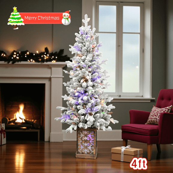 Tcbosik 4ft Pre-Lit Flocked Christmas Tree with 100 Multicolor LED Lights & Glitter Base, Artificial Xmas Tree with 10 Pine Cones and 396 Branch Tips for Indoor Holiday Decoration, White Green