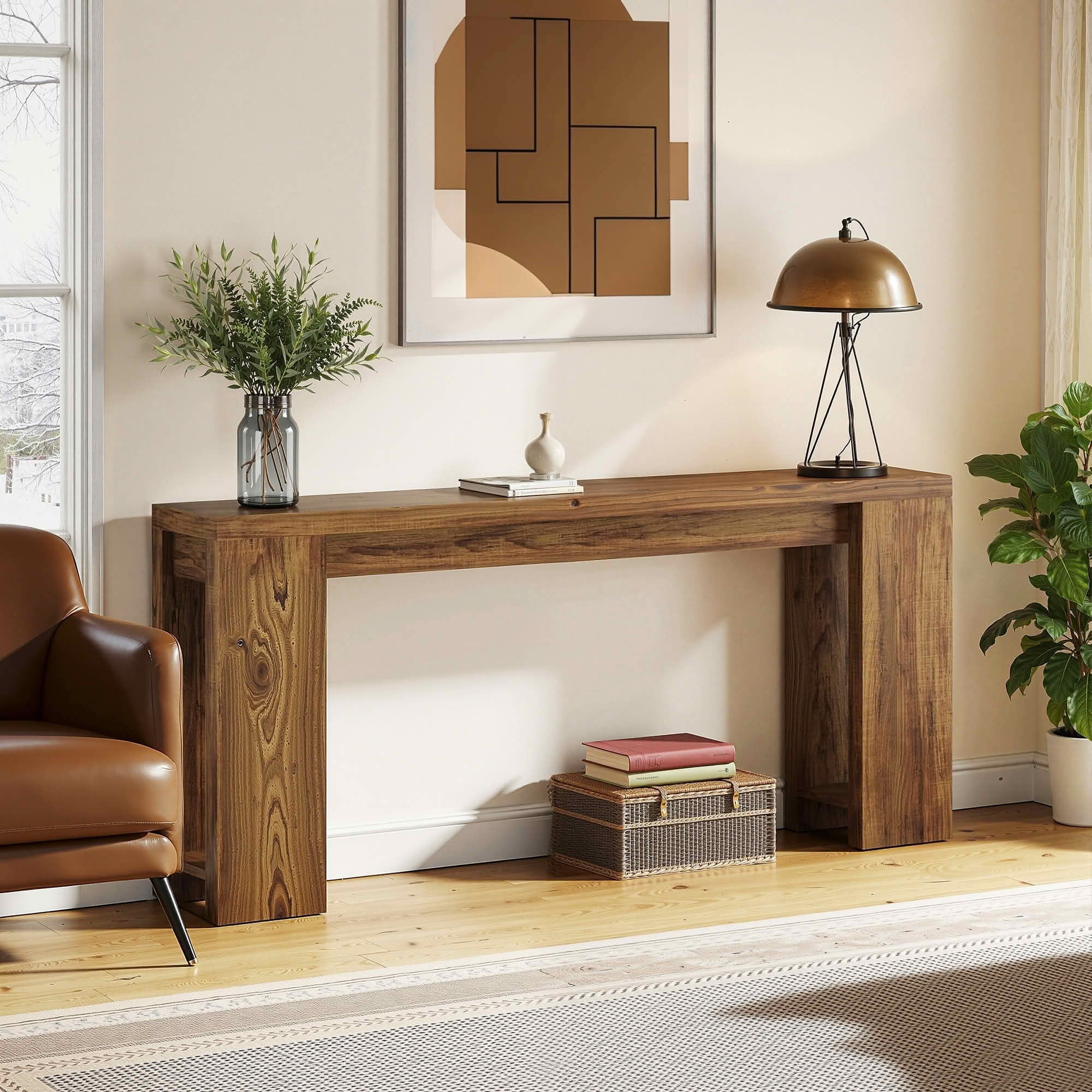 MAYEERTY 70.9" Extra Long Farmhouse Narrow Console Table, 2" Thick Rustic Brown MDF Sofa Table with Adjustable Floor Pads