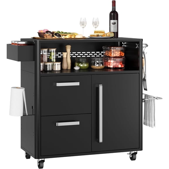 Garvee Outdoor Bar Cart with Storage, Movable Universal Wheels, 1 Door, 48.8 x 18.1 x 39.3", Black