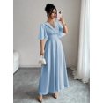 thumbnail image 4 of Baby Blue Collared V-Neck Waist-Pleated Chiffon Ruffle Sleeve Elegant Maxi Dress, 4 of 7