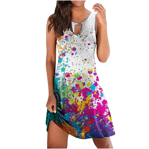 Samickarr Summer Dresses For Women 2023 Tank Tunic Dress Swing Flowy Sundresses Crewneck Shirt Dresses Sleeveless Floral Print Hollow Out Mini Dresses Loose Casual Dresses Beach Dress For Women