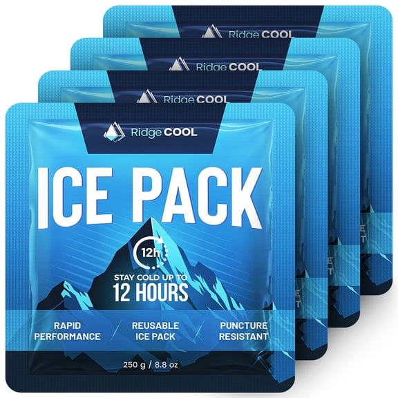 Ridgecool Ice Packs for Lunch Boxes, Lunch Bags and Coolers, 4 Pack, Cold 12 Hours, BPA-Free, Leakproof, Food Safe, 7 x 6.5 in