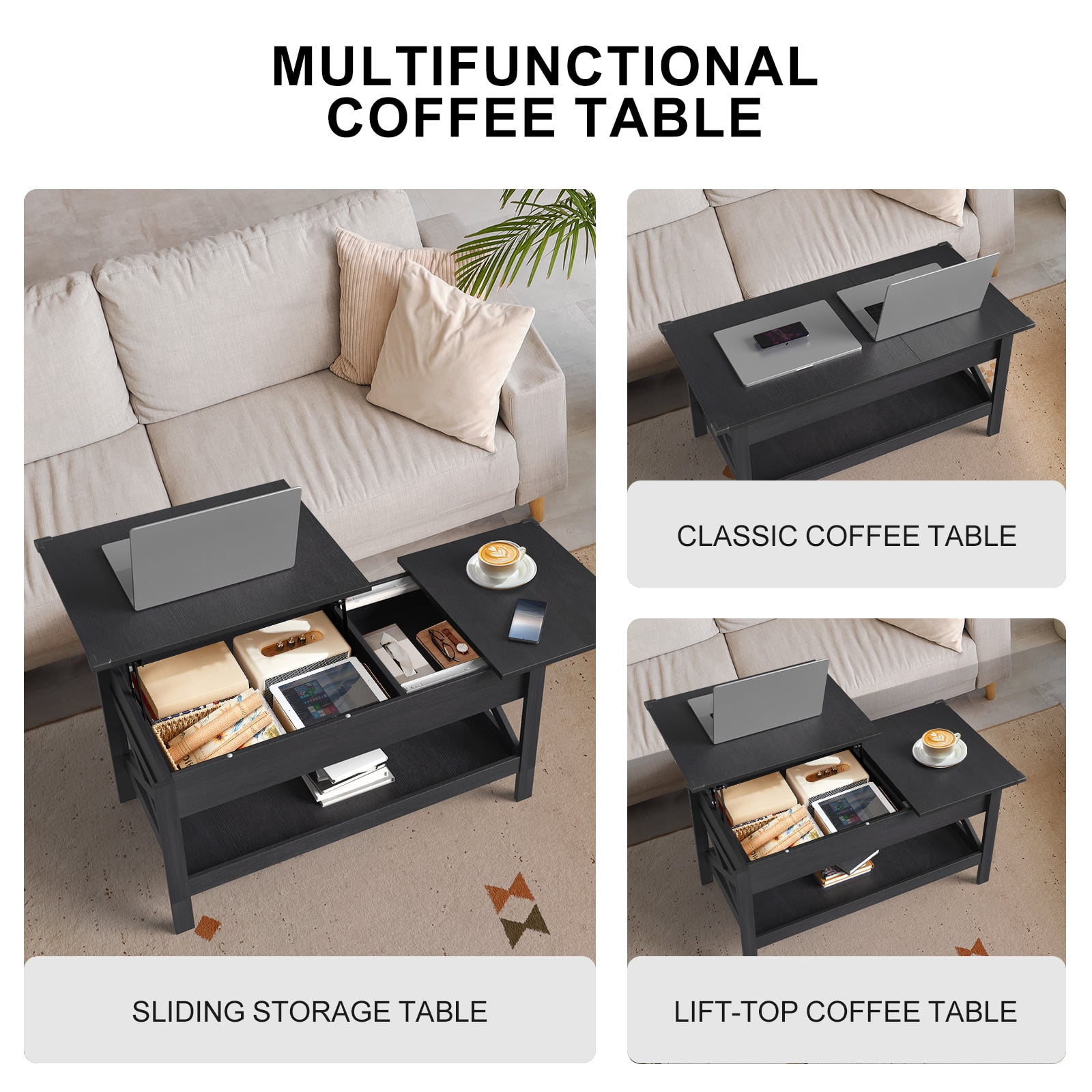 Nalone Coffee Table Lift Top Dining Table with Shelf, Center Table Adjustable Height Tea Tables Wooden Center Tables with Hidden Compartments for Living Room Apartments(Black)