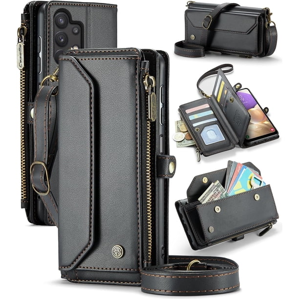 funda billetera para Samsung Galaxy A32 con Protección RFID, Ranuras para tarjetas, Pata de Cabra, Correa Desmontable-Funda para teléfono tipo Bandolera con Tapa de Cuero PU a prueba