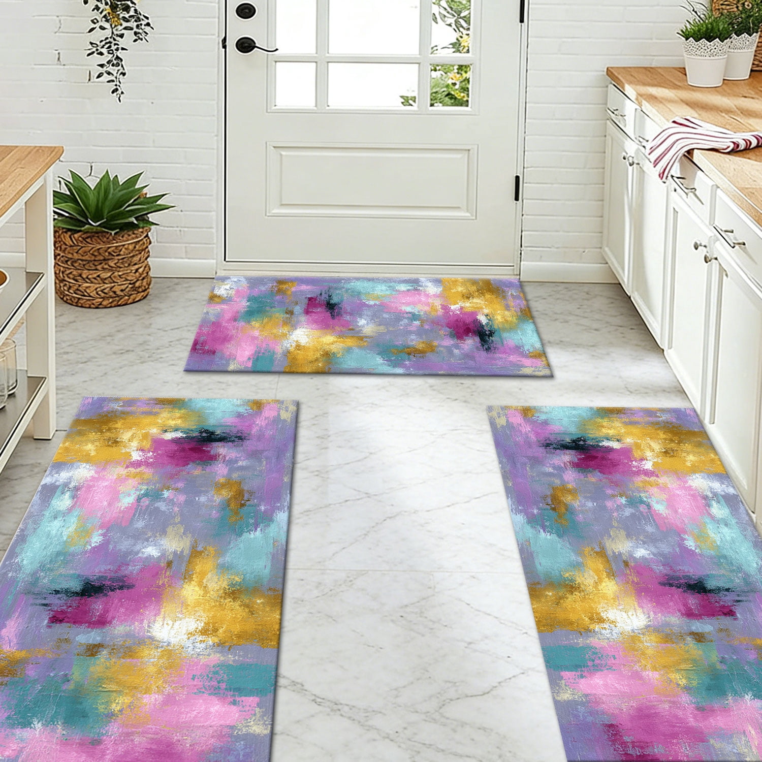 3-Piece Farmhouse Kitchen Rug Set, Washable Anti Slip Striped Floor Mats in 3 Sizes, Stain Resistant Decor Rugs for Kitchen Hallway Bathroom Home Christmas Decor