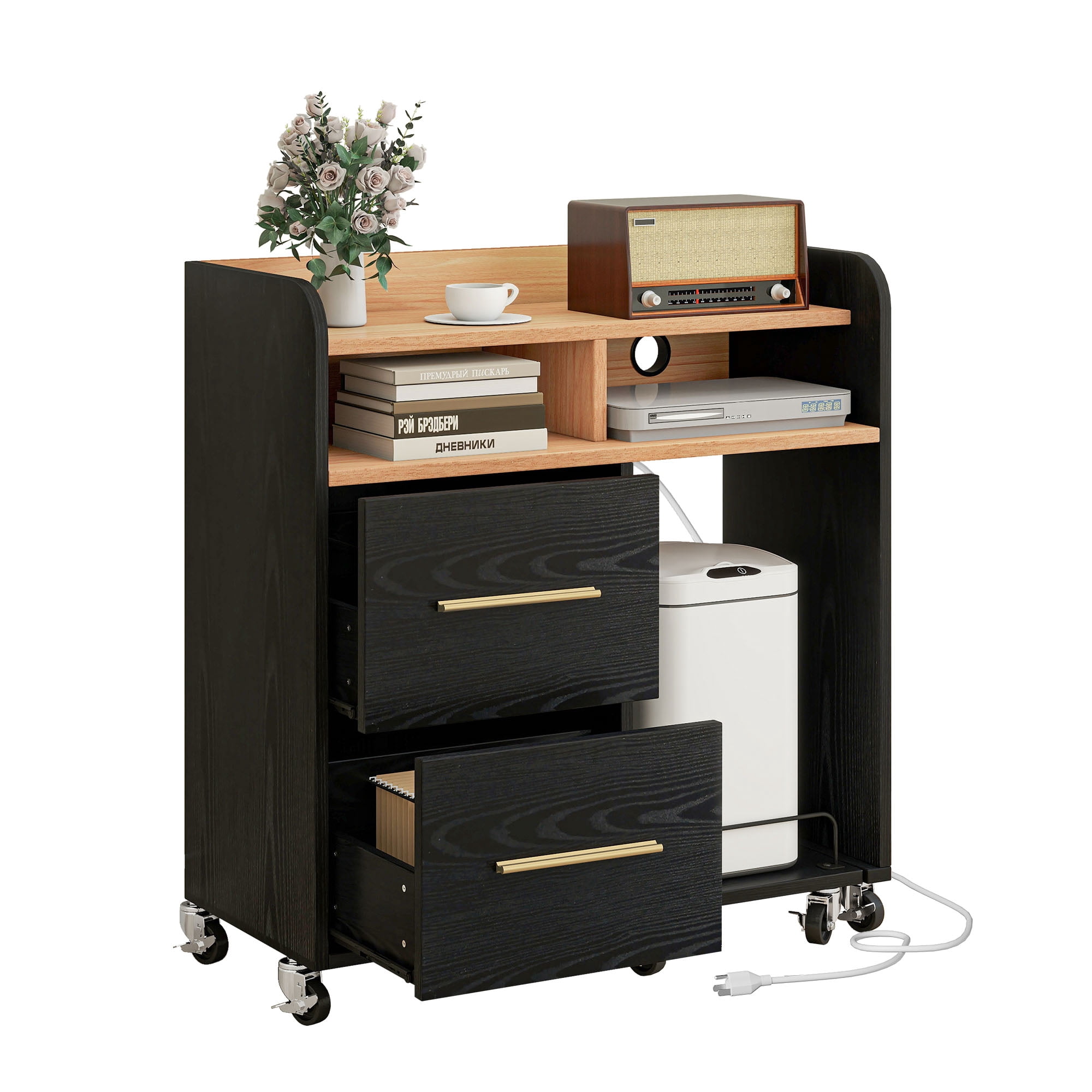 DEXTRUS Black File Cabinet with Charging Station, Shredder Stand, Printer Table, and 2-Drawer Storage
