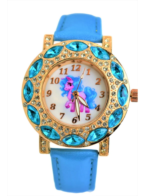 Modern Fashion Lucky Bling Bling Rhinestone-Accented Little Blue Pony Stones Gold-Tone Analog Quartz Wrist Gift Watch For Women/Girls. Luminous Watch Hands.