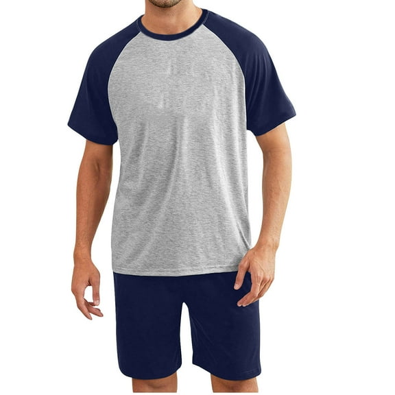 Dovford Mens Pajamas Set Shorts Pjs Lightweight Raglan Short Sleeve Crewneck T Shirts and Shorts Soft Cotton Blend Comfy Sleepwear