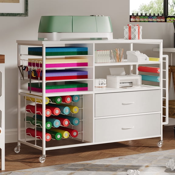 Haooyeah Rolling Craft Storage Cart with Vinyl Roll Holder, Power Outlets, Drawers & Wheels, White