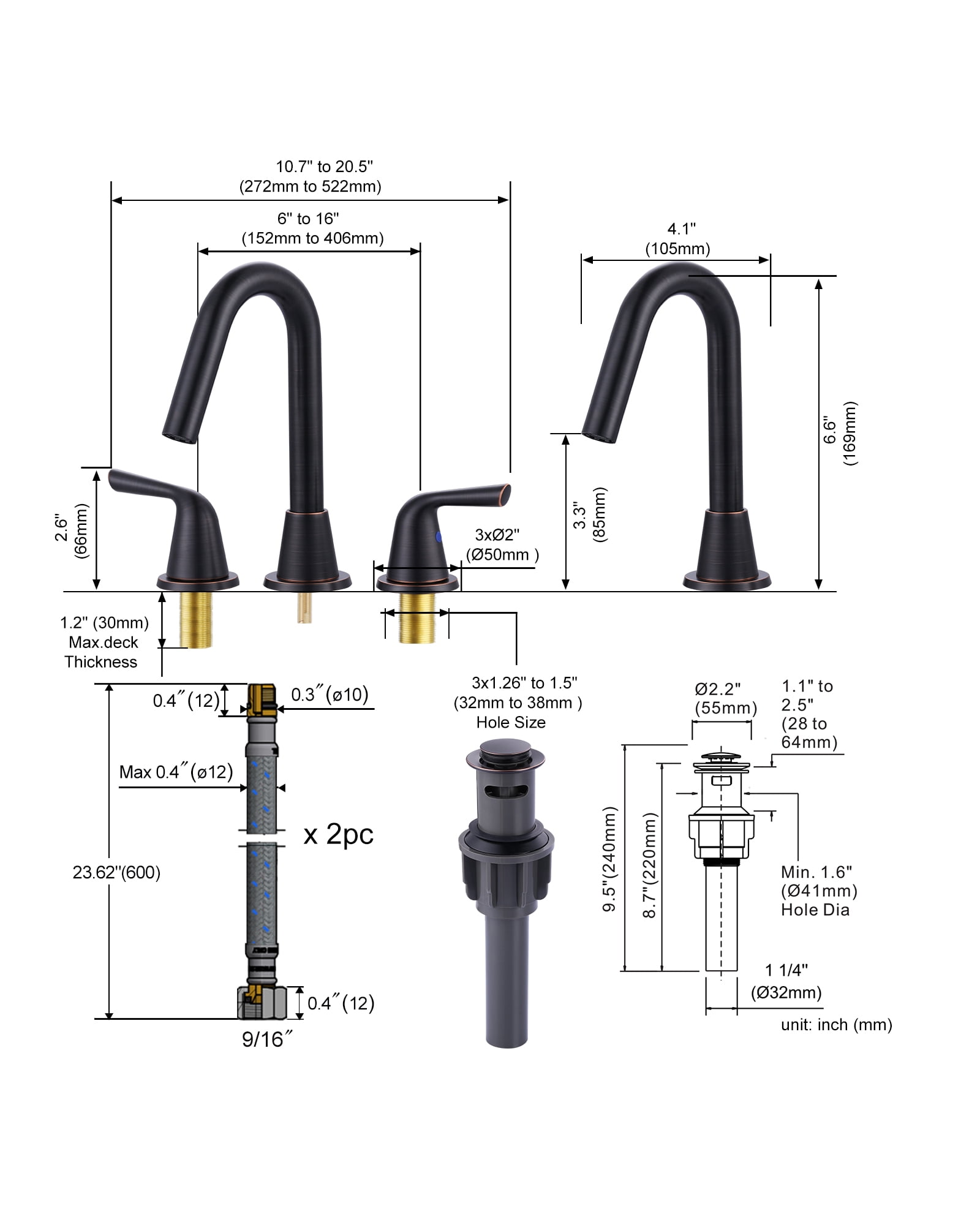 WOWOW Widespread Bathroom Faucets for Sink 3 Hole Oil Rubbed Bronze, 8 inch Bathroom Faucet with Pop Up Drain Assembly and Water Supply Lines 2 Handle 360° Swivel Spout Basin Faucets for Vanity