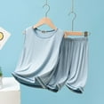 thumbnail image 3 of Bysome Kids Outfit Set Childrens Boys Girls Solid Color Sleeveless Vest With Shorts Set Summer Home Wear Loose Casual Suit Blue 3-4 Years, 3 of 3