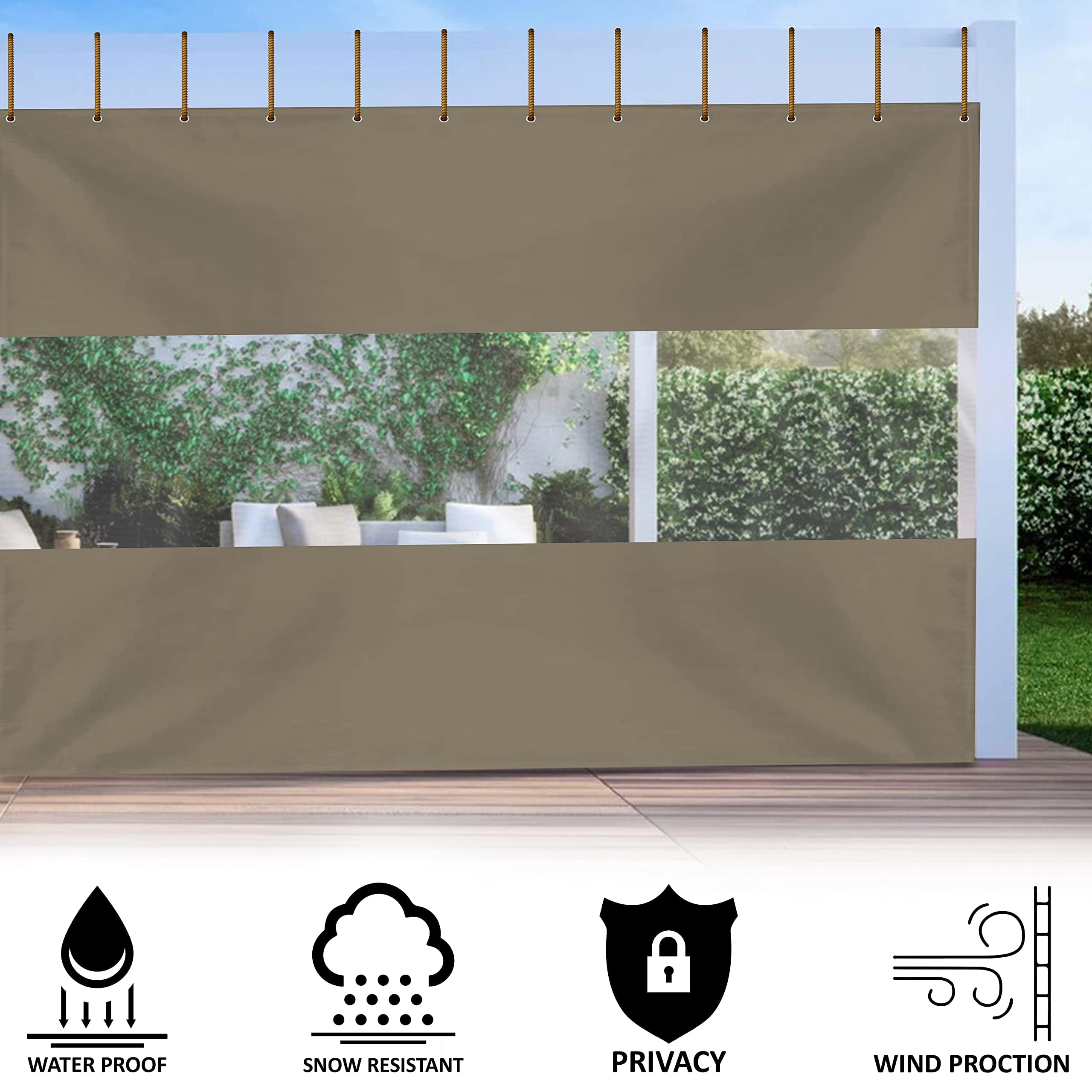 COVERS&ALL Outdoor Clear Panel Curtain, 12 Oz Tarp Max Waterproof & UV Resistant with Rustproof Grommets, Ideal for Outdoors/Indoors (9' H x 12' W feet, Beige)