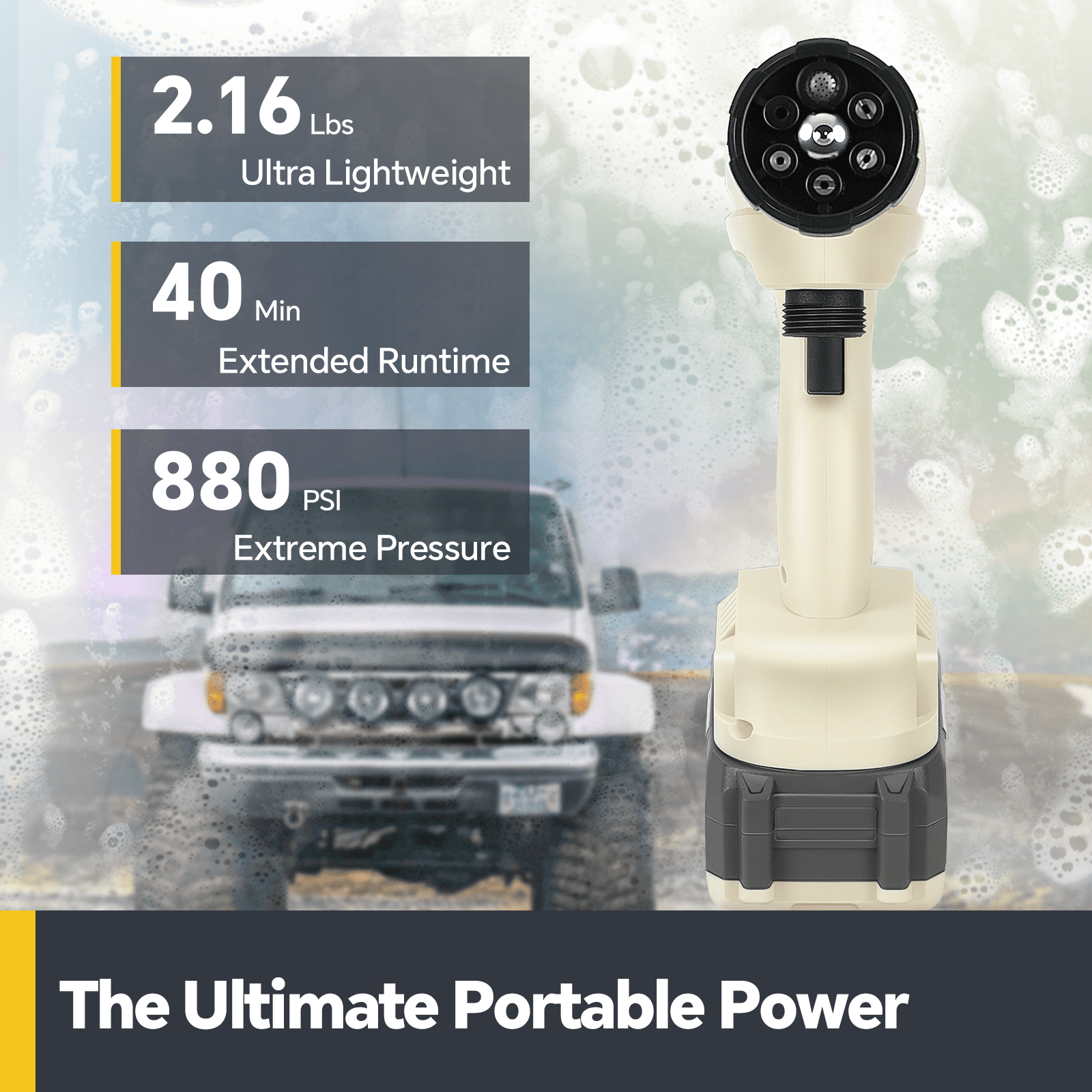 Rhinovate 880 Psi at 2.6 Gpm 4.0Ah Battery Powered Portable Impact Pressure Washer with Dual Water Source, 6-in-1 Nozzle, 16ft Detachable Hose