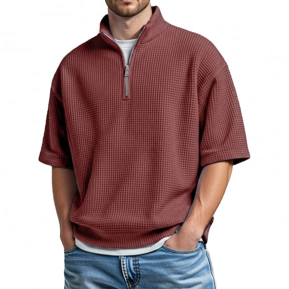 Telankuip Short Sleeve Waffle Polo Shirts for Men Quarter Zip Relaxed Fit Comfortable Pullover Simple Stylish Solid Color Stand Collar Polo Shirt Business Casual Textured Knit Tops Red XL