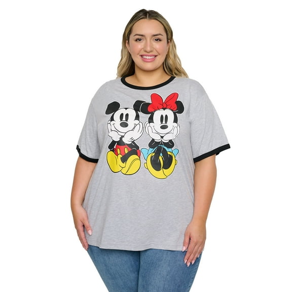 Disney Mickey and Minnie Mouse Women's Plus Size Ringer T-Shirt, Gray