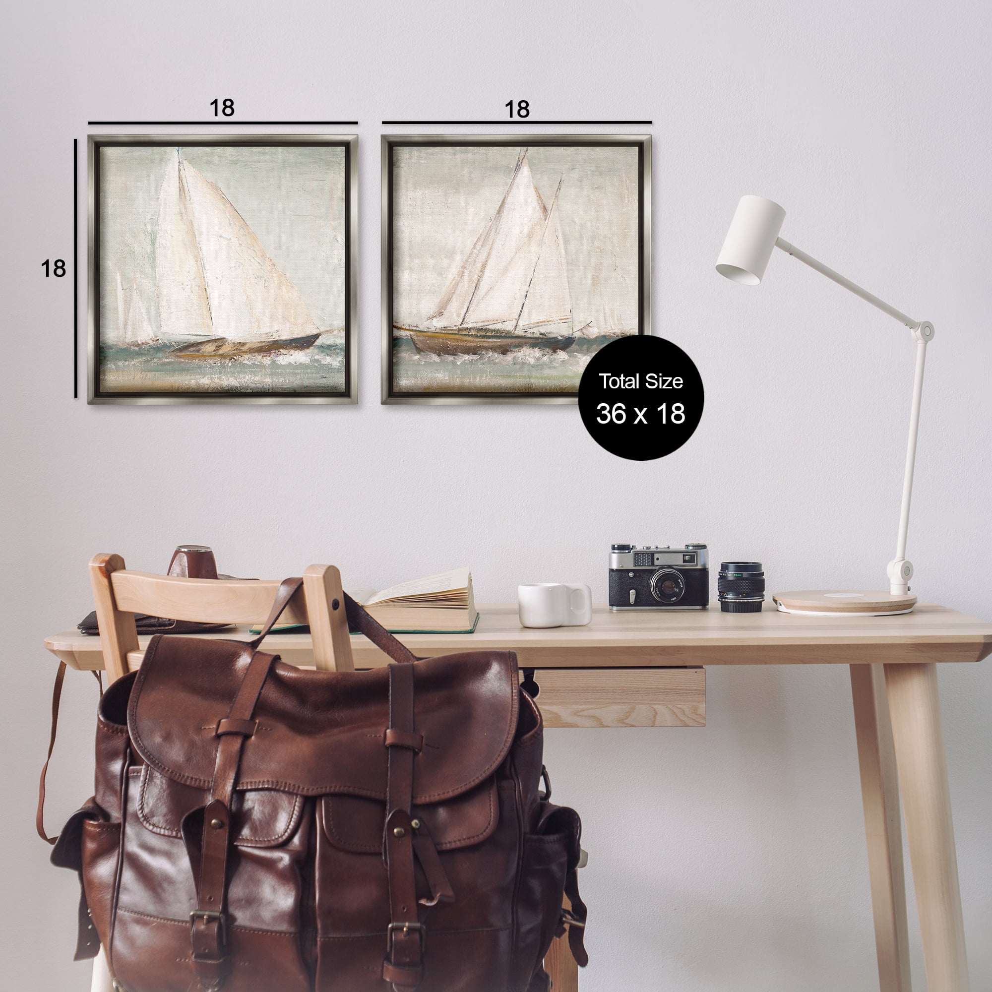 Stupell Industries Tall Ships at Sea Nautical & Beach Painting Gray Floater Framed Canvas Art Print Wall Art, 18 x 18, Set of 2