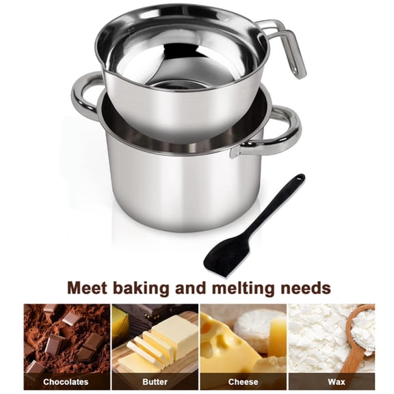Double Boiler Cookware Pot Set, Stainless Steel Heating Pot with Silicone Spatula 1.82QT Chocolate Melting Pot 2.29QT Stainless Steel Pot for Melting Chocolate Candy Candle, Soap, Wax Making