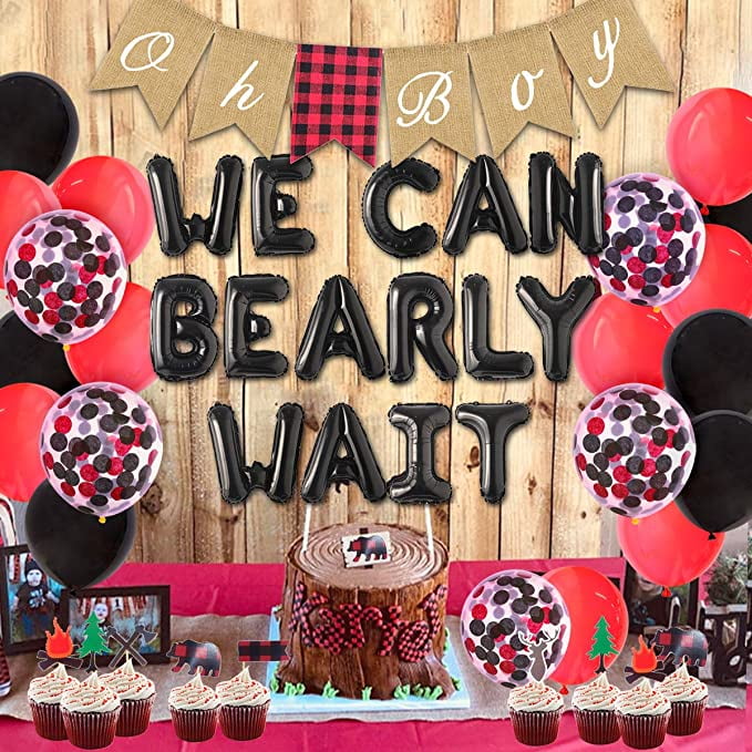 Lumberjack Baby Shower Decorations - We Can Bearly Wait Balloons Oh Boy Banner Burlap Buffalo Plaid Cupcake Toppers