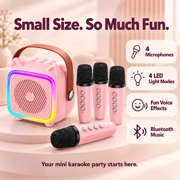 4 Microphones Kids Karaoke Machine, Bluetooth Portable Speaker with LED Lights, Pink Toy Gift