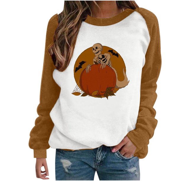 Blusa de manga larga con estampado de esqueleto de Halloween a la moda para mujer, suéter informal con cuello redondo, Tops, camisetas Fridja fjkfkj6851