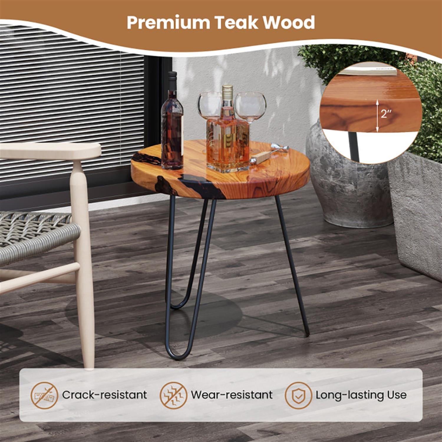 Demi Bonn Solid Live Edge Teak Wood Sofa Side Table, Outdoor Round End Table for Small Spaces, Living Room, Patio, Brown