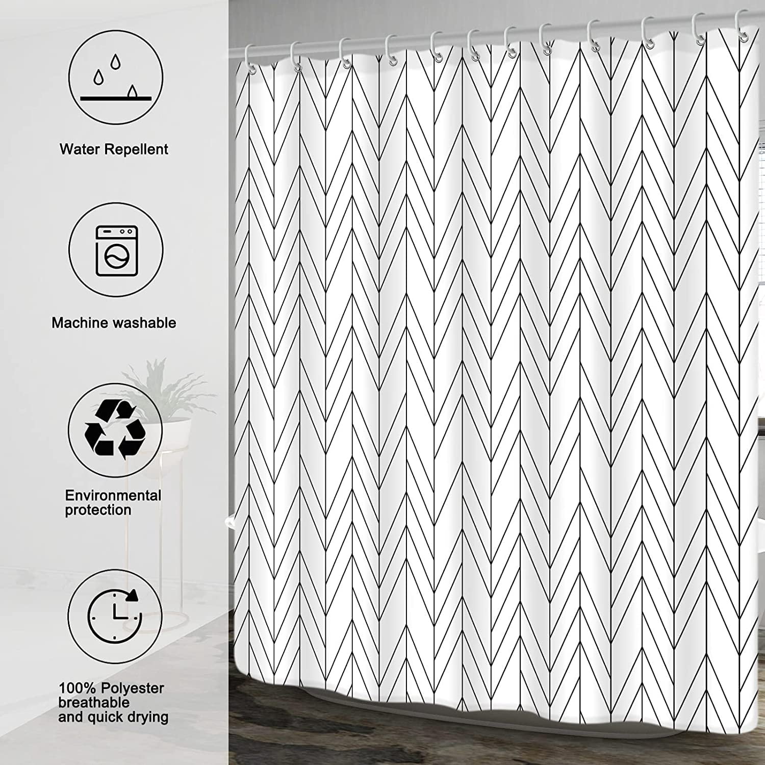 Black White Herringbone Shower Curtain, Modern Geometric Chevron Striped Bathroom Decor, Waterproof Fabric Polyester Set, with 12 Hooks 72 x 72