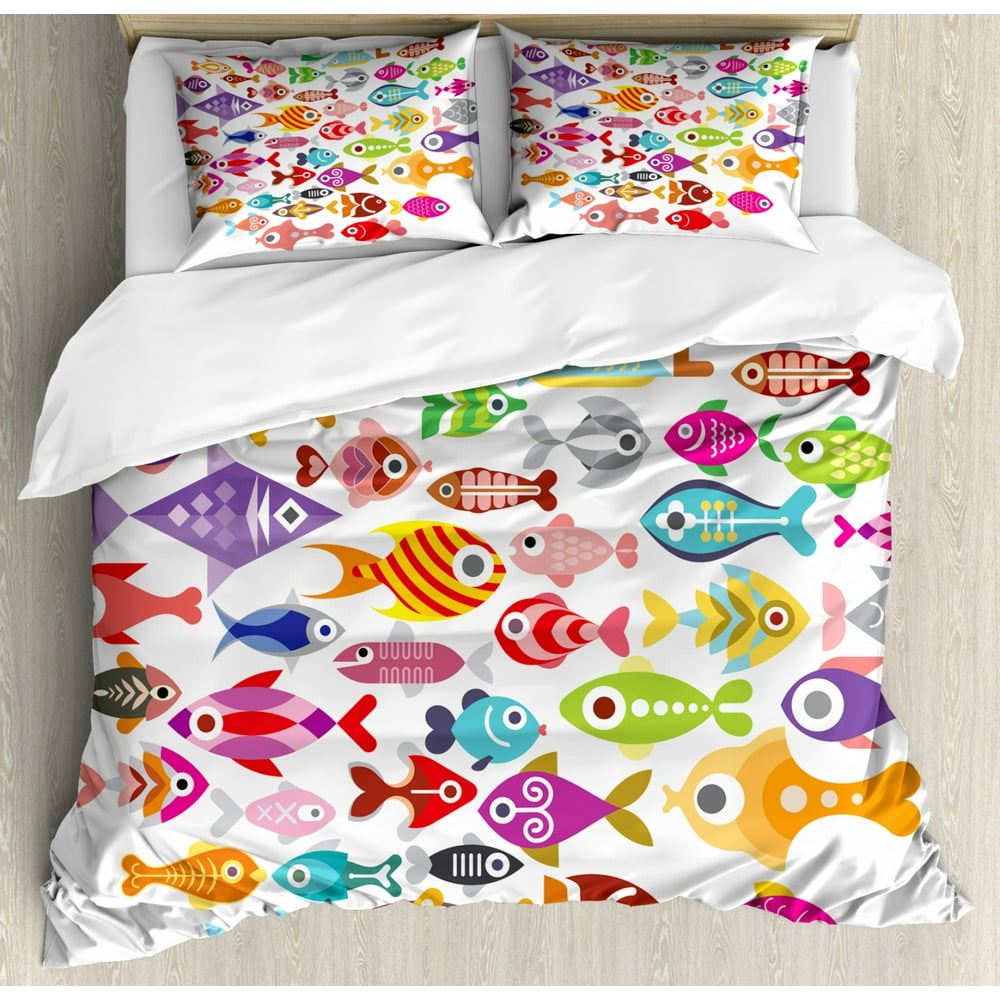 Fish Queen Size Duvet Cover Set, Rounded Different Size Type Fish
