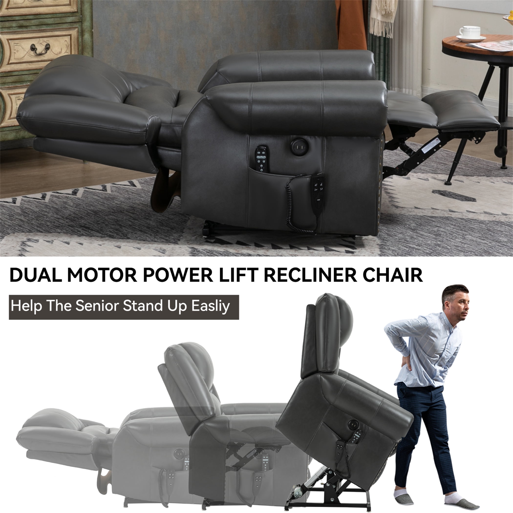 Aukfa Dual Motor Power Lift Recliner Chair Sleeper Sofa with Massage and Heat for Big Elderly People, Infinite Position, 2 USB Ports, Gray