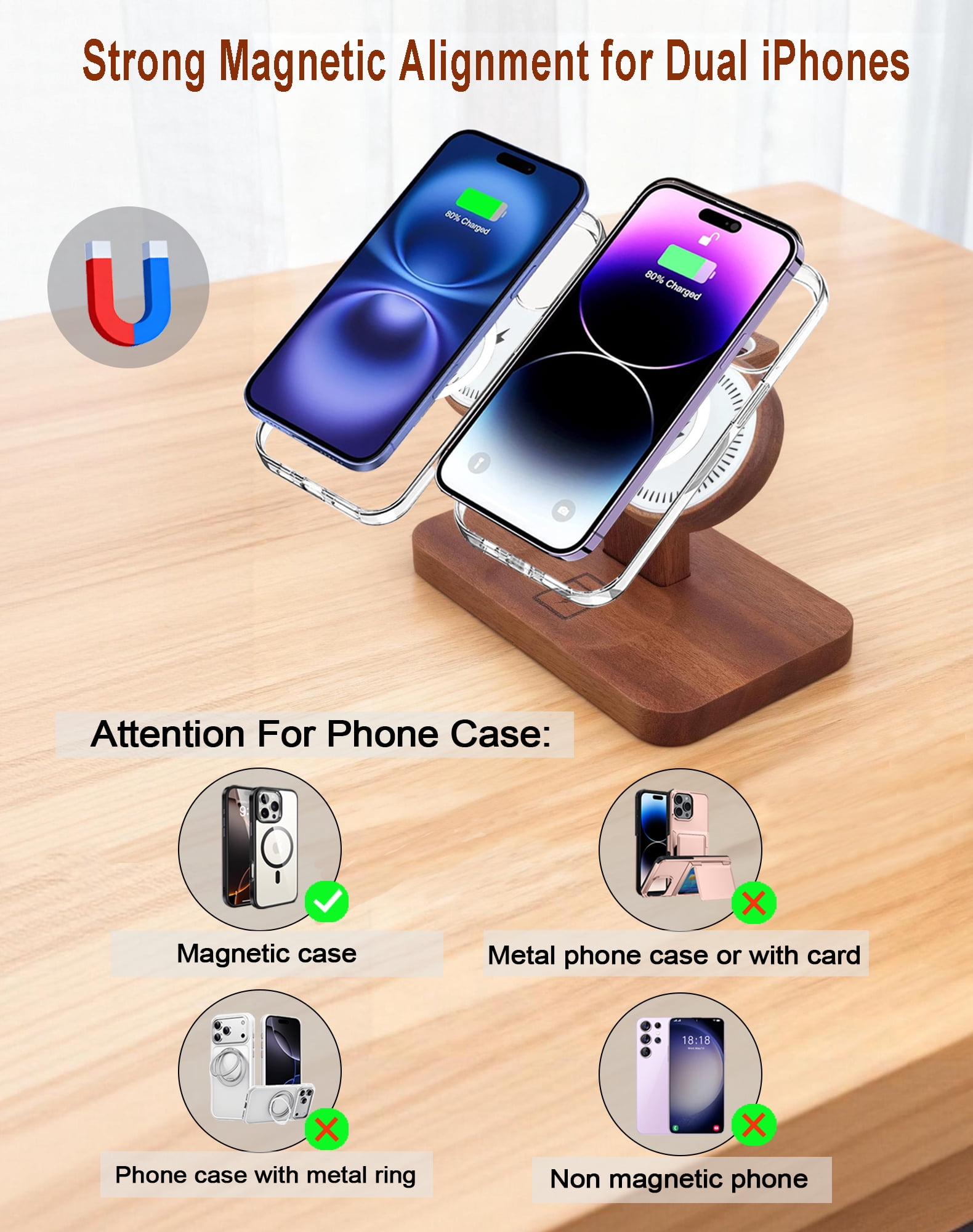 Dual Phone Charging Station for Apple Devices,Wood Magnetic Phone Charger Stand for Two iPhone 17 16 15 14 13 12 Mini Se,Wireless Charger Apple Charging Station for iWatch Series AirPod 4 3 2 Pro