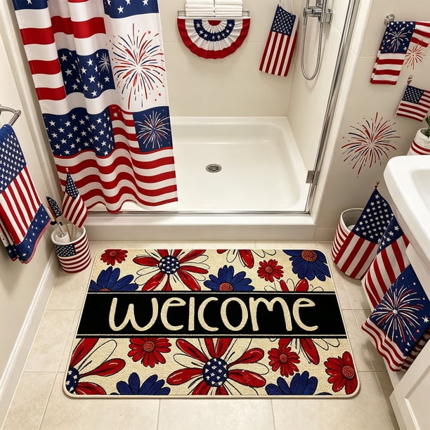 CaiYueKe Independence Day Floor Mat July 4th Patriotic Rug Non-Slip Kitchen Bathroom Mat Washable Indoor Outdoor Doormat for Holiday Decor Home Entryway Decorations