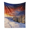 thumbnail image 1 of Winter Soft Flannel Fleece Throw Blanket, Epic Cloudy Sky over Majestic Mountains and Footsteps on Valley Design, Cozy Plush for Indoor and Outdoor Use, 50" x 70", Orange White, by Ambesonne, 1 of 6