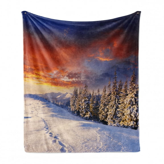 Winter Soft Flannel Fleece Throw Blanket, Epic Cloudy Sky over Majestic Mountains and Footsteps on Valley Design, Cozy Plush for Indoor and Outdoor Use, 50" x 60", Orange White, by Ambesonne