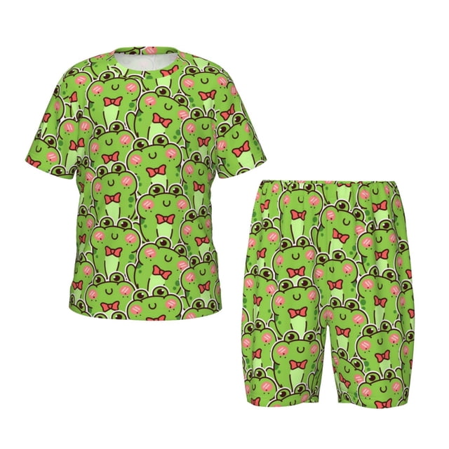 Fotbe Cute Green Frog Pijama Estampada de 2 Piezas para Niños – Ropa de Dormir de Manga Corta Cómoda para Niños y Niñas, Camiseta y Shorts de Algodón-XX-Large