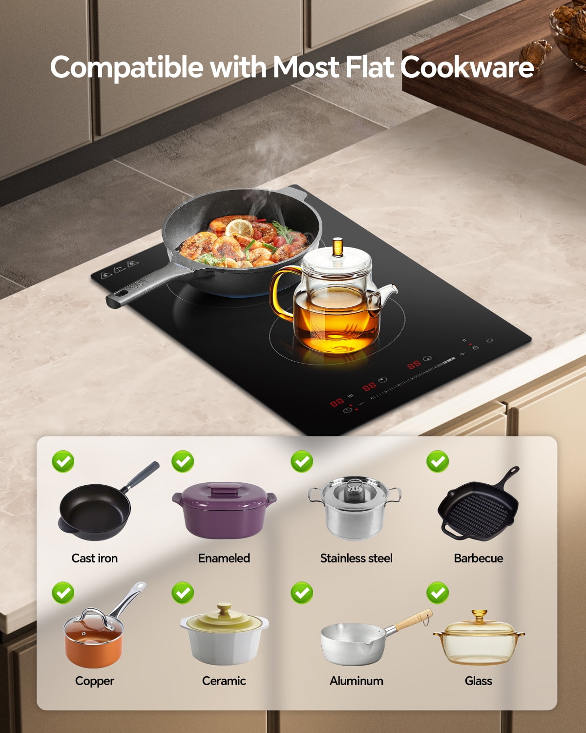 Electric Cooktop with 2 Burners, 12 inch 3000W 240V Ceramic Panel Electric Cooktop, Multiple Safety Protections Stove, Touch Screen