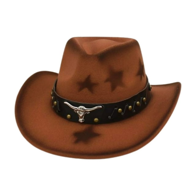 Wdgfv Western Cowboy Hat Featuring Studded Bull Head Design And Star Pattern With Heart Top For Fashionable Western Style Khaki One Size