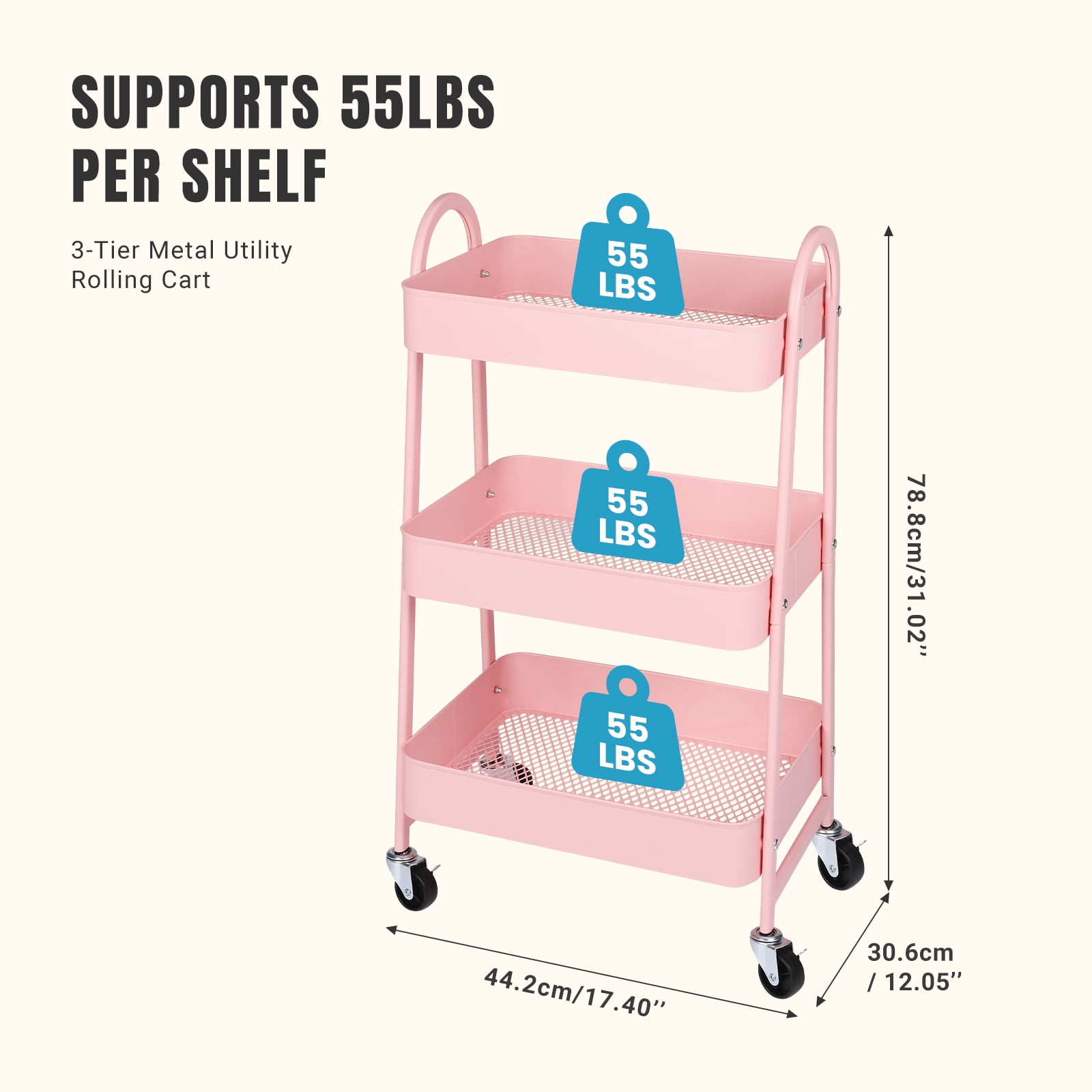 GIANNA 3 Tier Rolling Cart Organizer, Plastic Rolling Cart with Lockable Wheels & Reinforced Handle, Lightweight Utility Cart Storage Cart for Nursery, Kitchen, Bathroom, Craft Room