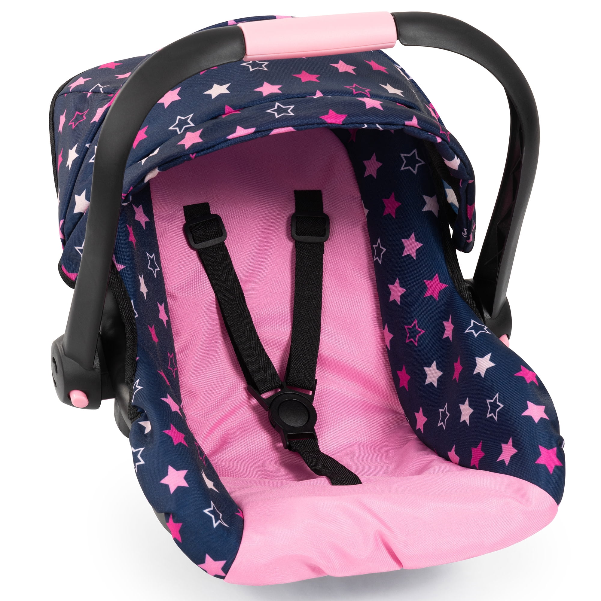 Bayer Design: Doll Deluxe Car Seat - Navy-Pink-Star - Portable Travel Carrier For Dolls Up To 18", Sunshade & Carry Handle, Use As Rocker, Kids 3+