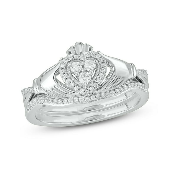 Cali Trove 10K White Yellow Rose Gold 1/4ct TDW Round White Diamond 2 Piece Claddagh Bridal Ring Set