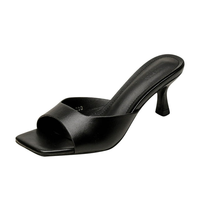Black Leather Open Toe Square Heels For Women Designed For Comfort And Fashion-Forward Style