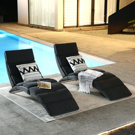 JOIVI Patio Chaise Lounge Chair, Outdoor Sun Lounger, PE Rattan Foldable Chaise with Removable Dark Gray Cushion, Suitable for Poolside, Garden, Balcony 2 Pack