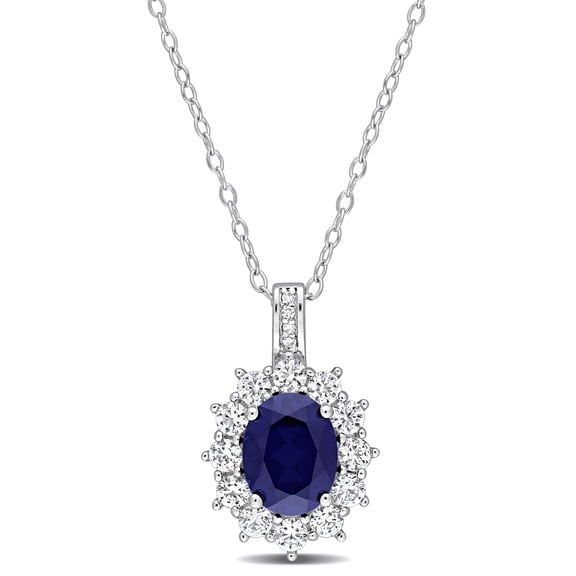 Everly Women's Created Blue and White Sapphire and Diamond Accent Oval Halo Pendant with Chain