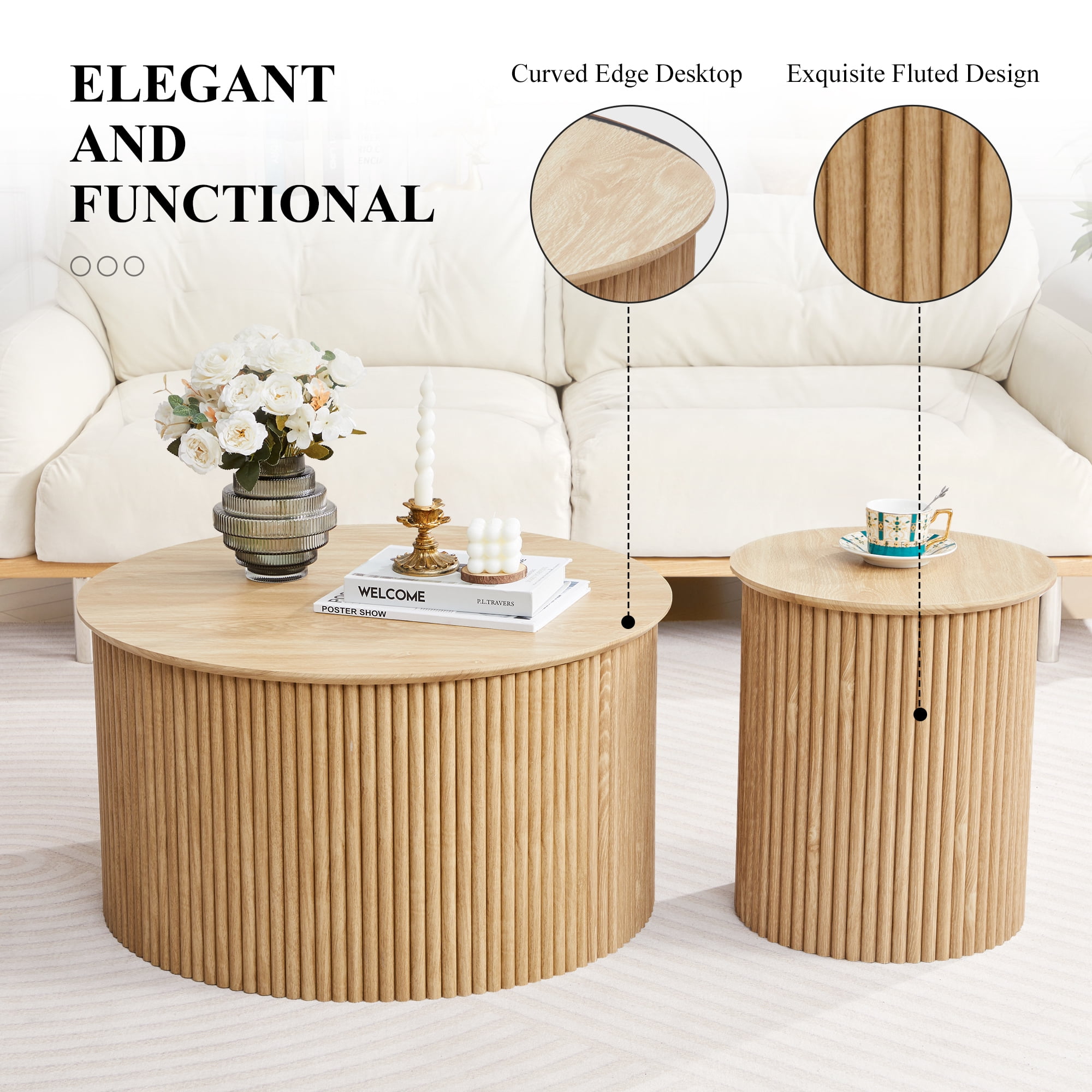 Wirrytor Round Coffee Table Sets 2 Pieces, Wood Fluted Coffee Table with Storage, for Living Room Bedroom, Apartment(Nature)