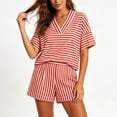 thumbnail image 4 of Karymi 2 Piece Sets for Women 2-Piece Striped Set, V-Neck Elbow Sleeve Loose Top + Elastic Waist Rolled Shorts, Casual Summer Loungewear & Beach Outfit Rompers for Women, 4 of 6