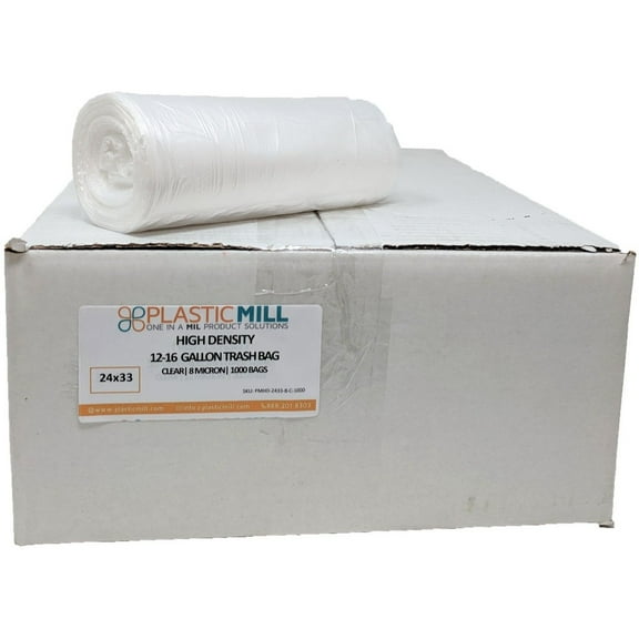 PlasticMill 12-16 Gallon, High Density, Clear, 8 Micron, 24x33, 1000 Bags/Case, Garbage Bags / Trash Can Liners.