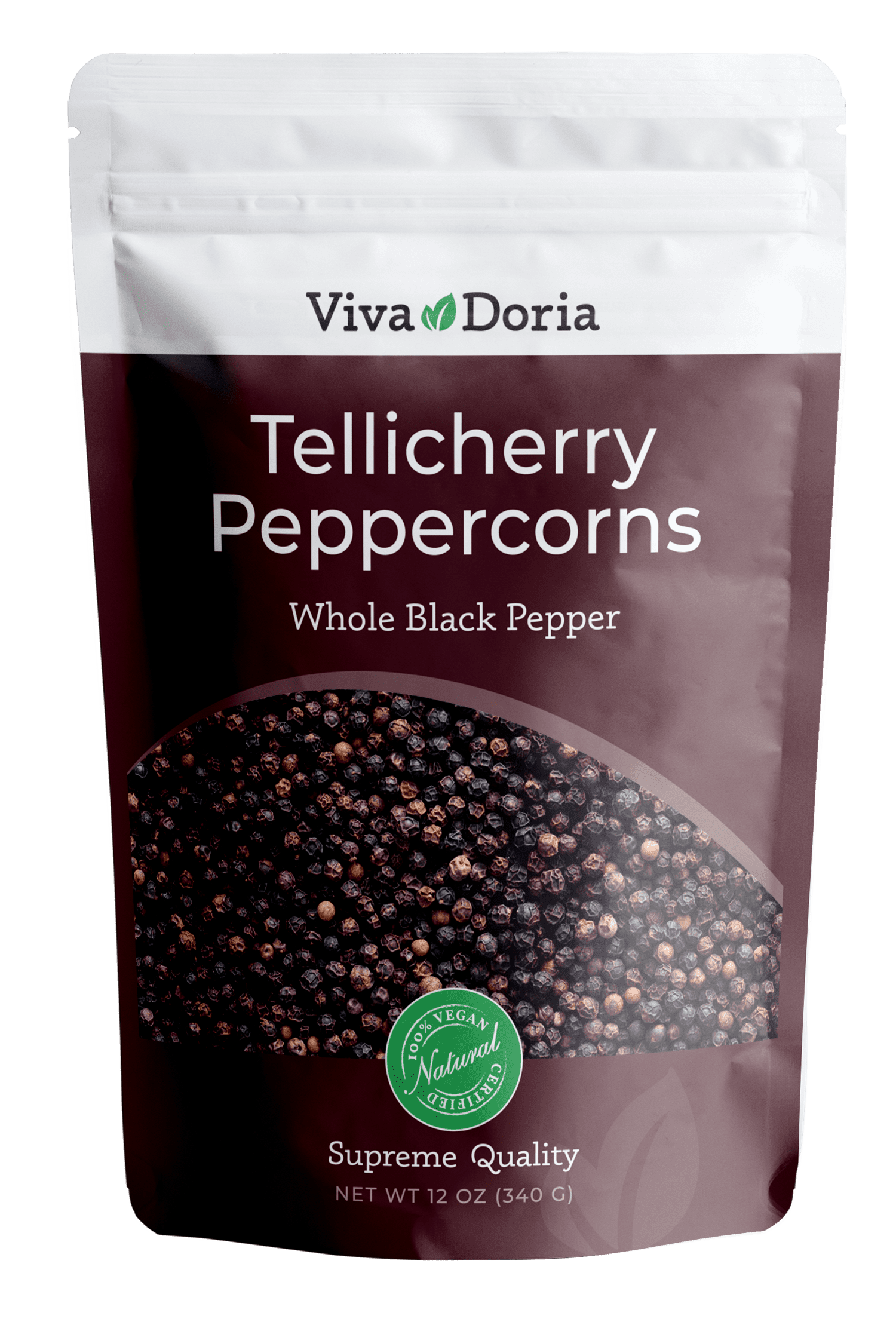 Viva Doria Tellicherry Peppercorn, Steam Sterilized Whole Black Pepper, 12 Oz Black Peppercorns For Grinder Refill