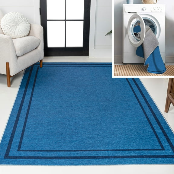 JONATHAN Y WASHABLE 9 x 12 Area Rug, Sloane 2-Stripe Border Washable - Blue/Navy, WSH125E-9